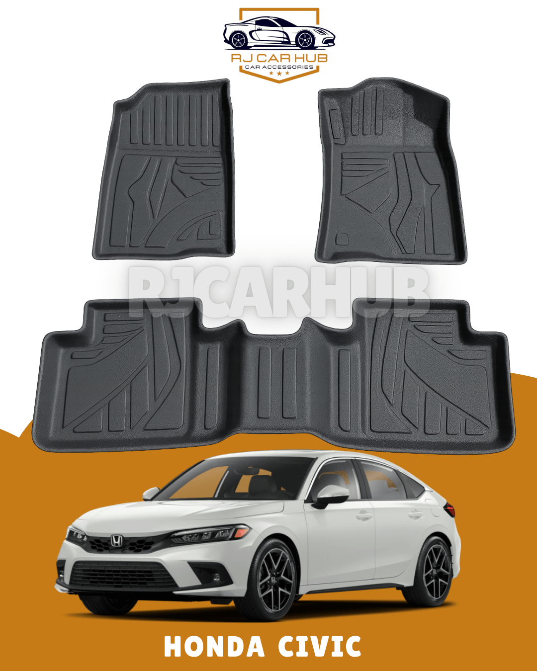 Honda Civic TPE Floor Mats 3 PCS (Black) Model: 2022 - 2024 - Premium Car Accessories by RJCARHUB Pakistan