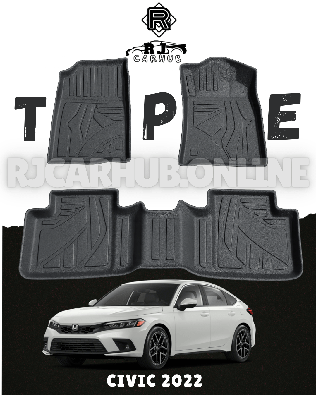 Honda Civic TPE Floor Mats 3 PCS (Black) Model: 2022 - 2024 - Premium Car Accessories by RJCARHUB Pakistan